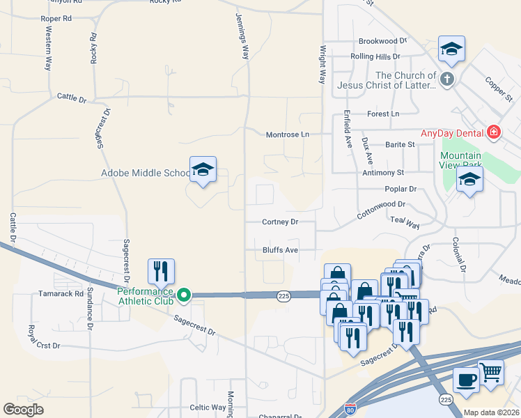 map of restaurants, bars, coffee shops, grocery stores, and more near 642 Cortney Drive in Elko