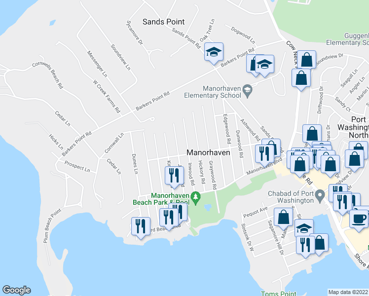 map of restaurants, bars, coffee shops, grocery stores, and more near 51 Inwood Road in Port Washington