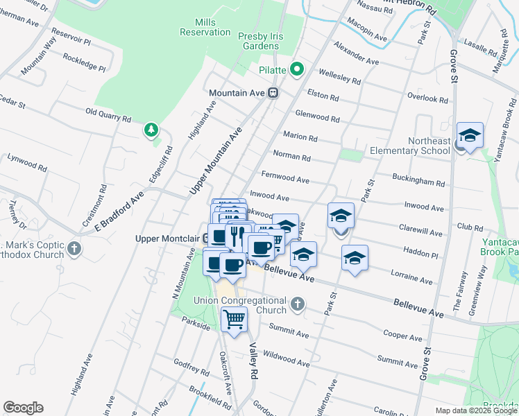 map of restaurants, bars, coffee shops, grocery stores, and more near 63 Oakwood Avenue in Montclair