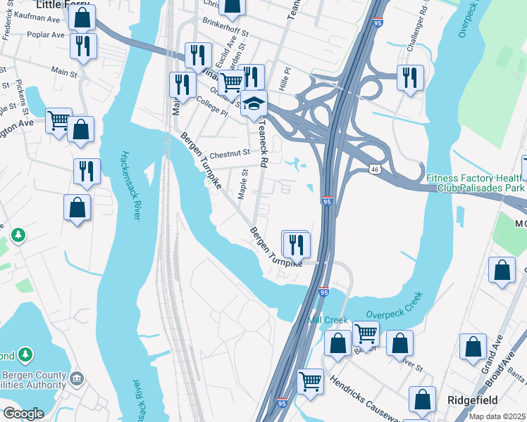 map of restaurants, bars, coffee shops, grocery stores, and more near 17 Teaneck Road in Ridgefield Park