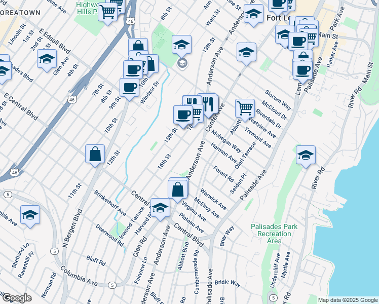 map of restaurants, bars, coffee shops, grocery stores, and more near 1319 Anderson Avenue in Fort Lee