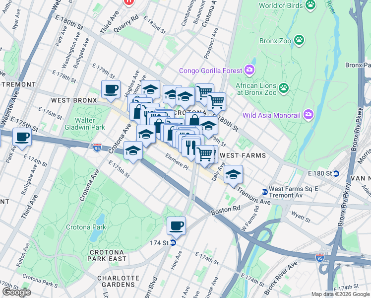 map of restaurants, bars, coffee shops, grocery stores, and more near in The Bronx