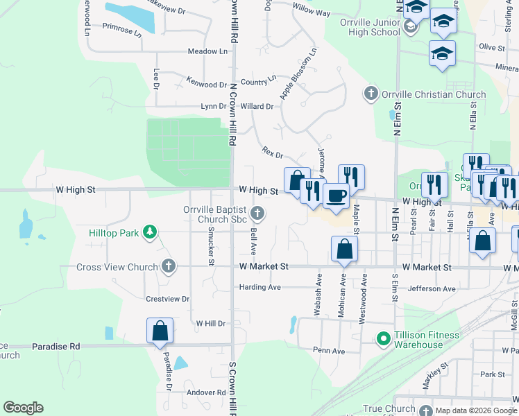 map of restaurants, bars, coffee shops, grocery stores, and more near 236 Bell Ave in Orrville