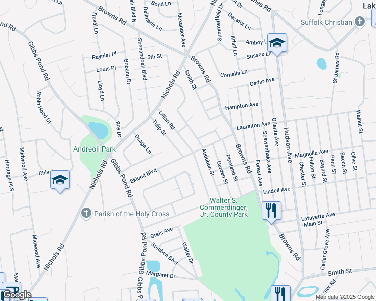 map of restaurants, bars, coffee shops, grocery stores, and more near 43 Tulip Street in Nesconset