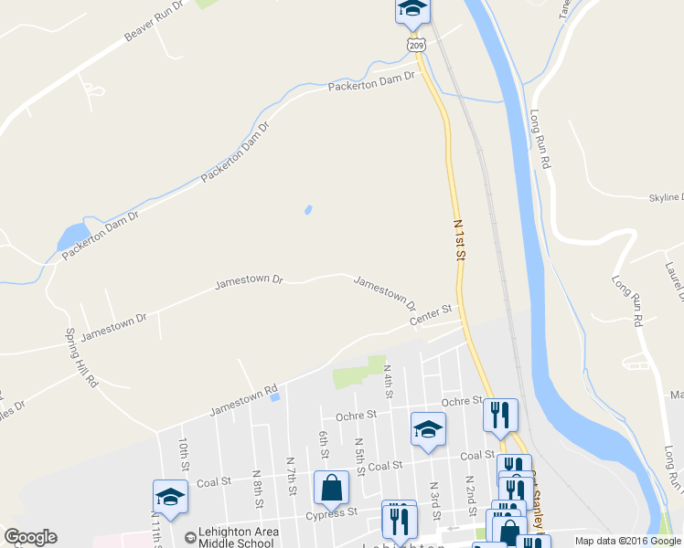 map of restaurants, bars, coffee shops, grocery stores, and more near 226 Jamestown Drive in Lehighton