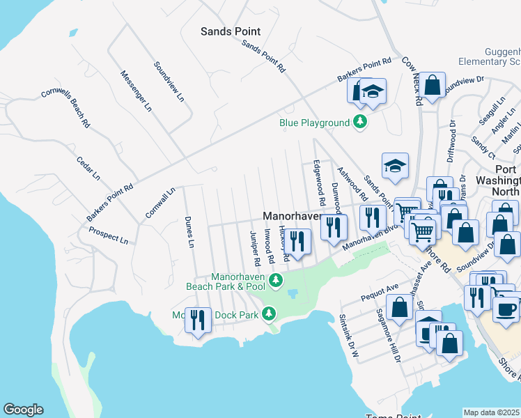map of restaurants, bars, coffee shops, grocery stores, and more near 52 Juniper Road in Port Washington