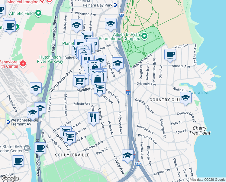 map of restaurants, bars, coffee shops, grocery stores, and more near 1562 Hollywood Avenue in Bronx