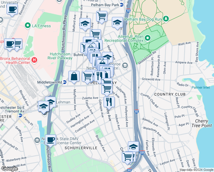 map of restaurants, bars, coffee shops, grocery stores, and more near 1608 Crosby Avenue in The Bronx