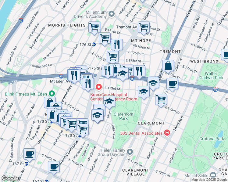 map of restaurants, bars, coffee shops, grocery stores, and more near 1658 Morris Avenue in Bronx