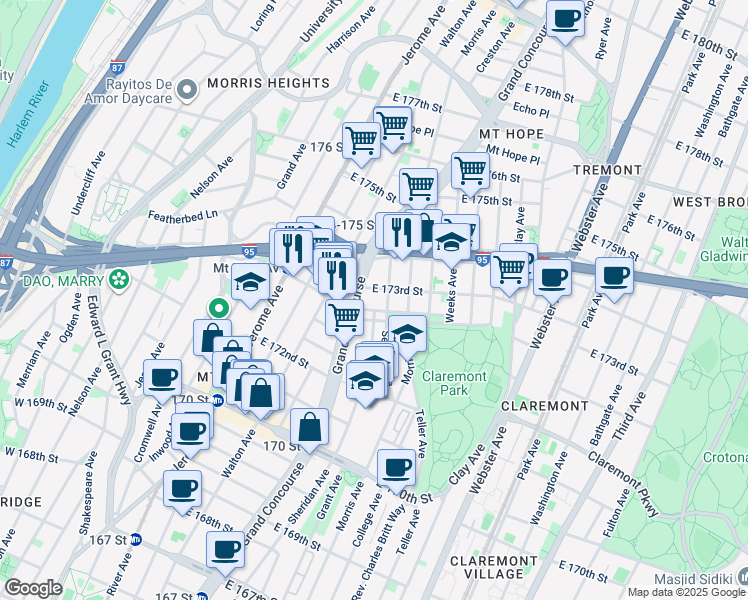map of restaurants, bars, coffee shops, grocery stores, and more near 1650 Grand Concourse in Bronx