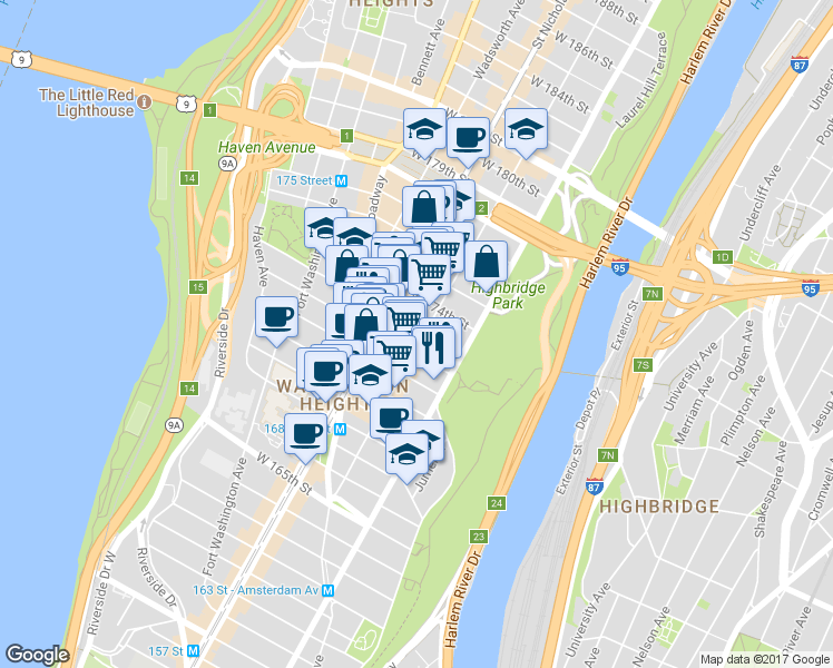 map of restaurants, bars, coffee shops, grocery stores, and more near 559 West 172nd Street in New York