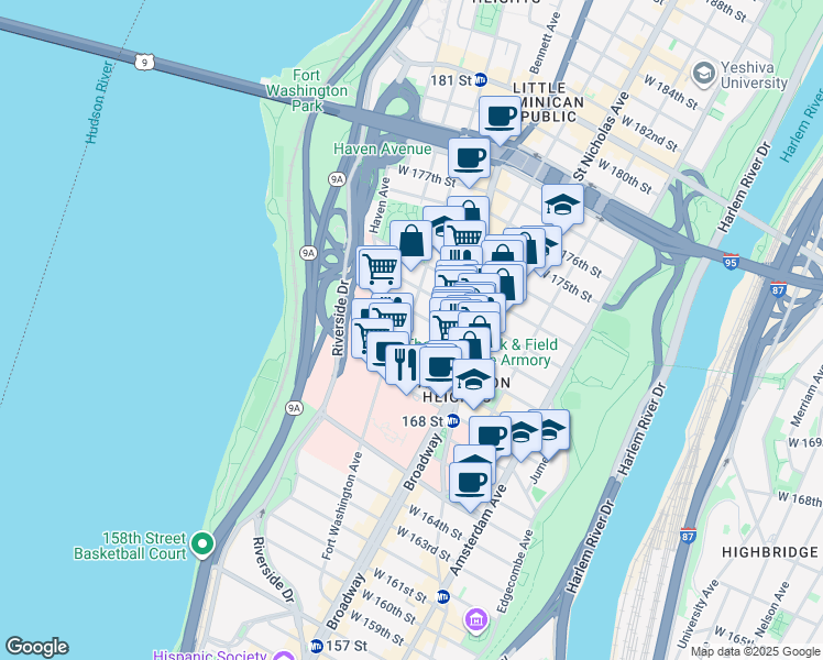 map of restaurants, bars, coffee shops, grocery stores, and more near 250 Fort Washington Avenue in New York