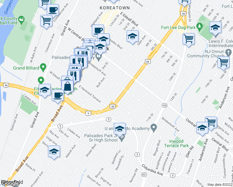map of restaurants, bars, coffee shops, grocery stores, and more near 210 4th Street in Palisades Park