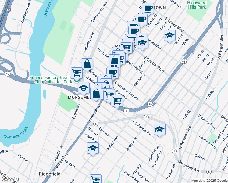 map of restaurants, bars, coffee shops, grocery stores, and more near 27B East Edsall Avenue in Palisades Park
