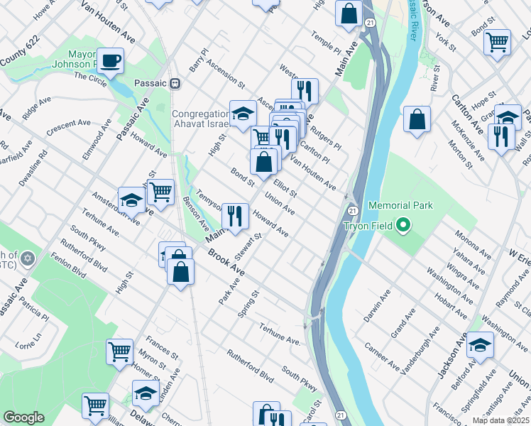 map of restaurants, bars, coffee shops, grocery stores, and more near 124 Howard Avenue in Passaic