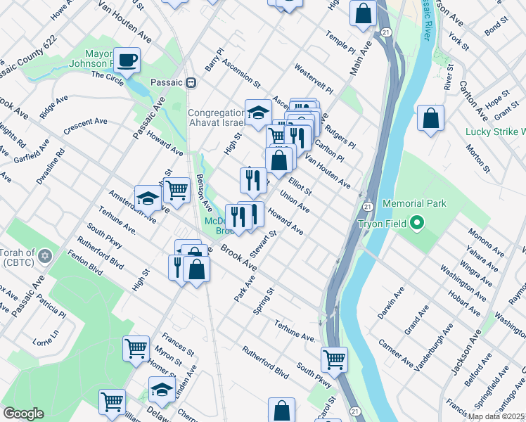 map of restaurants, bars, coffee shops, grocery stores, and more near 119 Main Avenue in Passaic