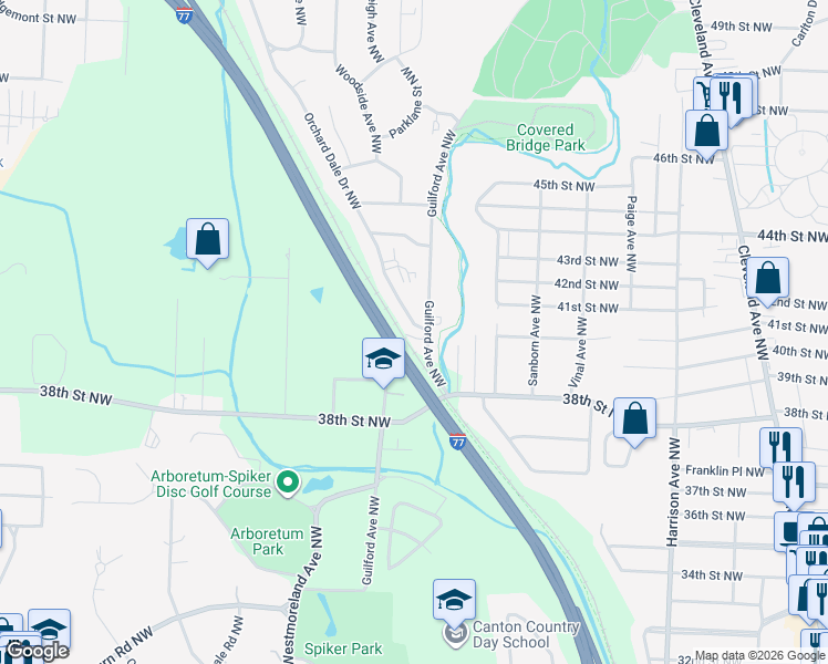 map of restaurants, bars, coffee shops, grocery stores, and more near 4027 Guilford Avenue Northwest in Canton