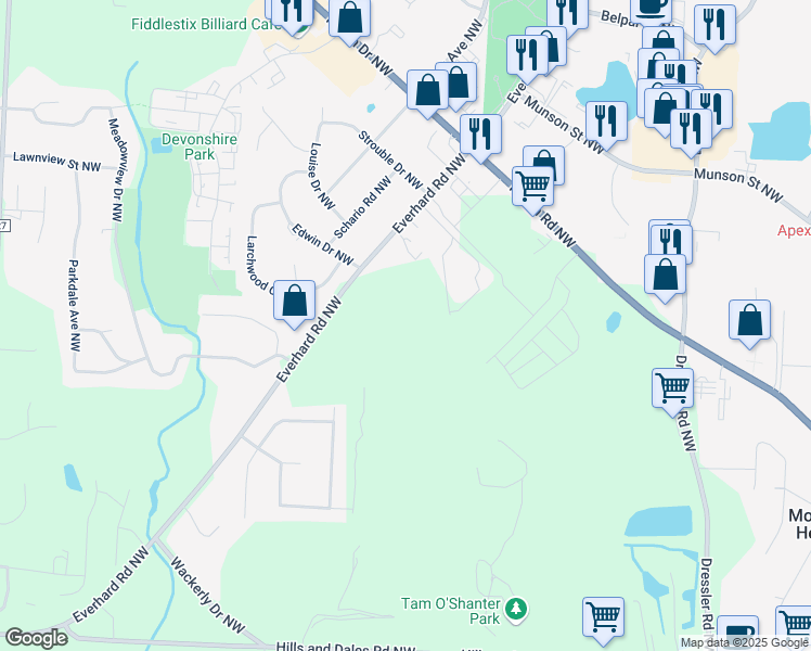map of restaurants, bars, coffee shops, grocery stores, and more near 5230 Everhard Road Northwest in Canton