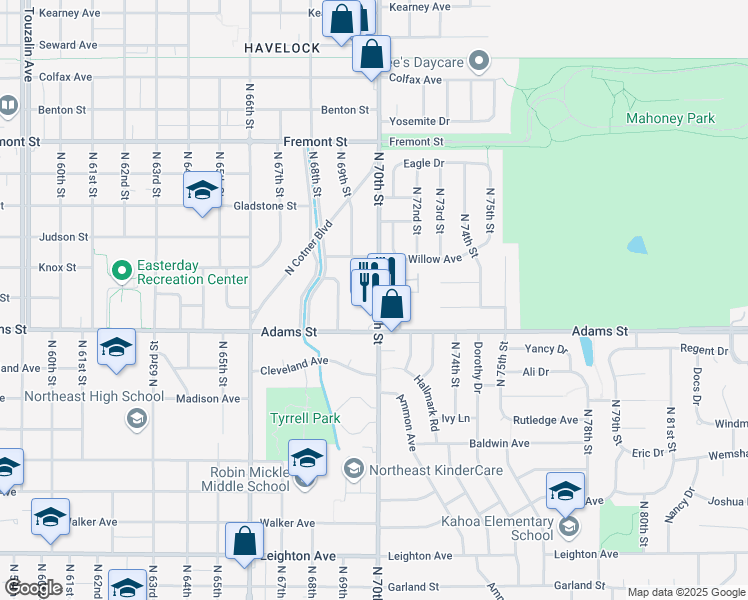 map of restaurants, bars, coffee shops, grocery stores, and more near 3111 North 70th Street in Lincoln