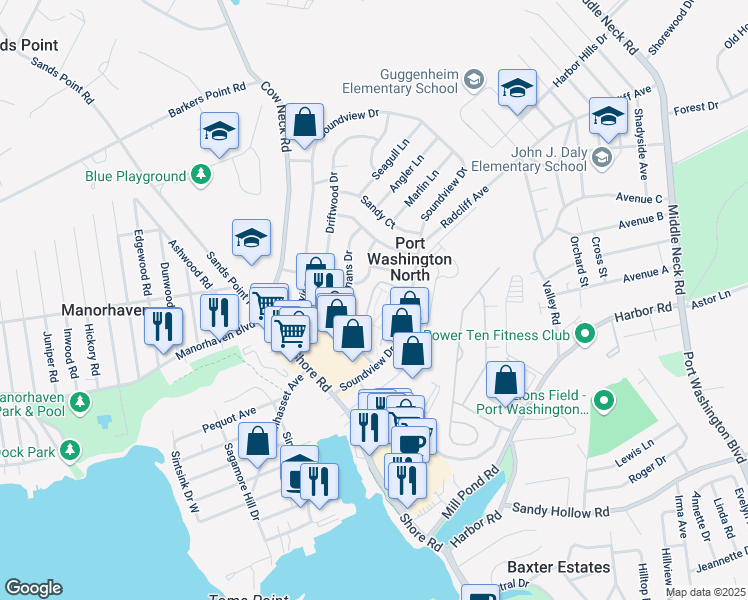 map of restaurants, bars, coffee shops, grocery stores, and more near 7 Wildwood Gardens in Port Washington