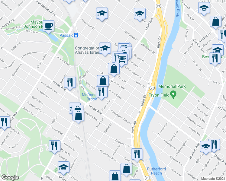 map of restaurants, bars, coffee shops, grocery stores, and more near 124 Howard Avenue in Passaic