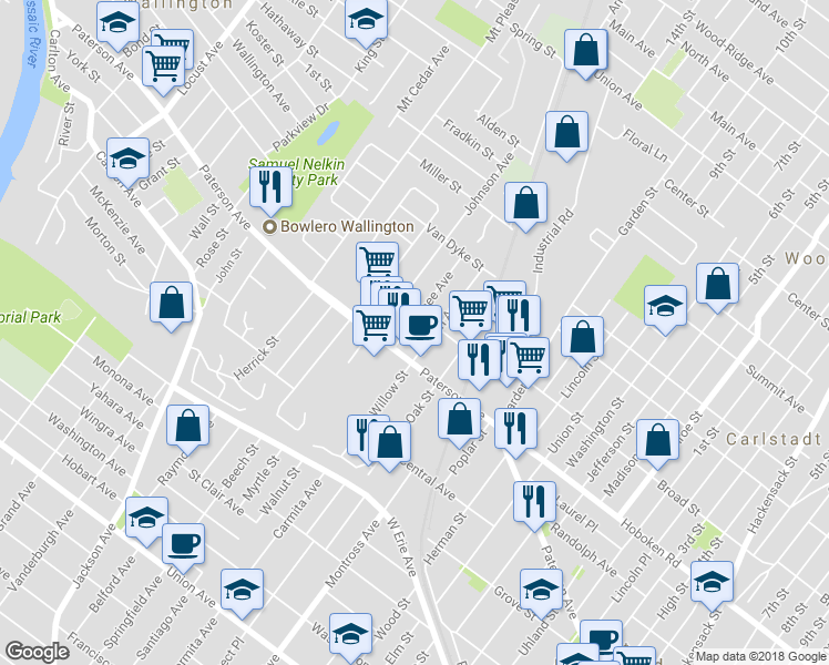 map of restaurants, bars, coffee shops, grocery stores, and more near 22 Morrissee Avenue in Wallington