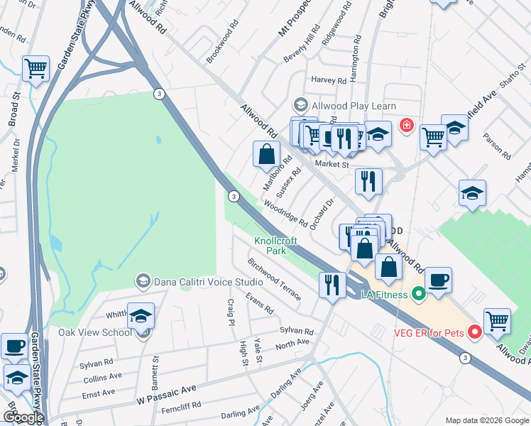 map of restaurants, bars, coffee shops, grocery stores, and more near 80 Sussex Road in Clifton