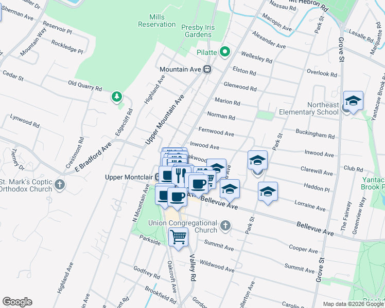 map of restaurants, bars, coffee shops, grocery stores, and more near 63 Oakwood Avenue in Montclair