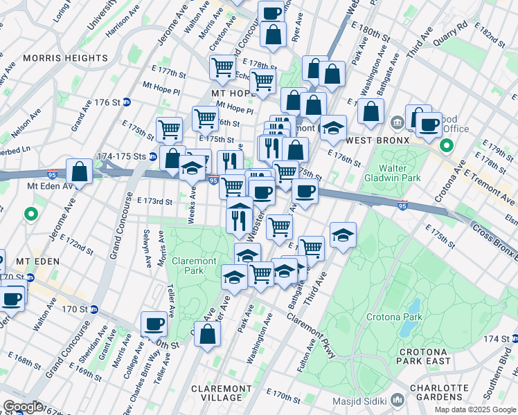 map of restaurants, bars, coffee shops, grocery stores, and more near 1713 Webster Avenue in Bronx