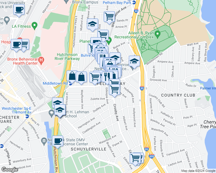 map of restaurants, bars, coffee shops, grocery stores, and more near 1544 Gillespie Avenue in The Bronx