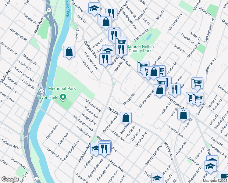 map of restaurants, bars, coffee shops, grocery stores, and more near 2 Carlton Avenue in East Rutherford