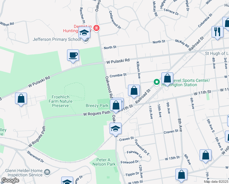 map of restaurants, bars, coffee shops, grocery stores, and more near 342 Oakwood Road in Huntington Station