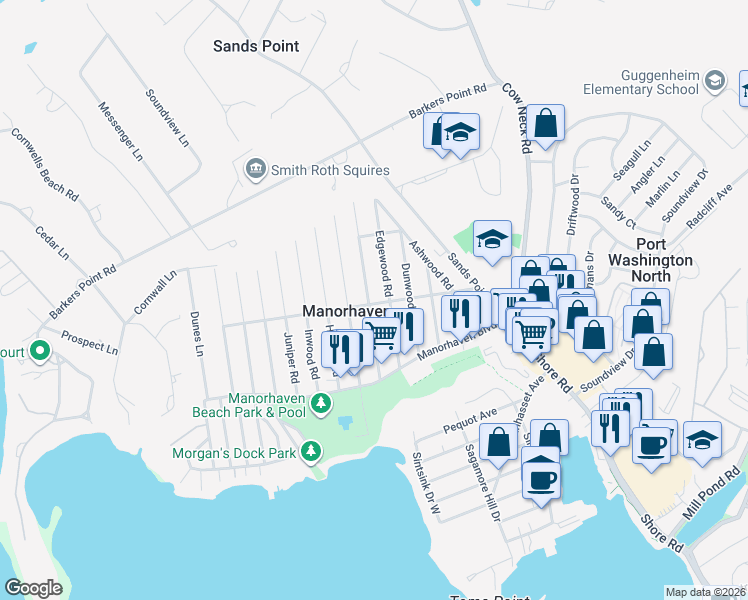 map of restaurants, bars, coffee shops, grocery stores, and more near 37 Edgewood Road in Port Washington