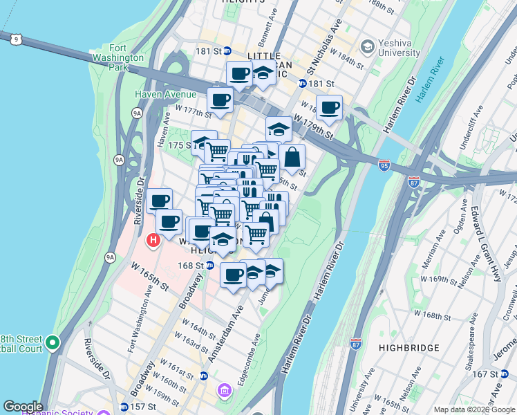 map of restaurants, bars, coffee shops, grocery stores, and more near 554 West 173rd Street in New York