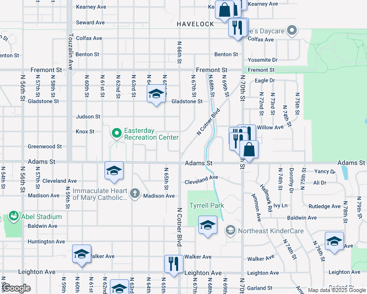 map of restaurants, bars, coffee shops, grocery stores, and more near 3027 North Cotner Boulevard in Lincoln