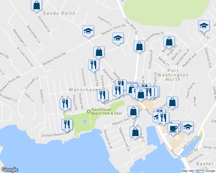 map of restaurants, bars, coffee shops, grocery stores, and more near 25 Cottonwood Road in Port Washington