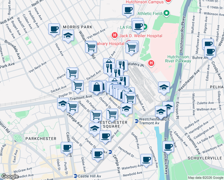 map of restaurants, bars, coffee shops, grocery stores, and more near 2633-2635 East Tremont Avenue in The Bronx