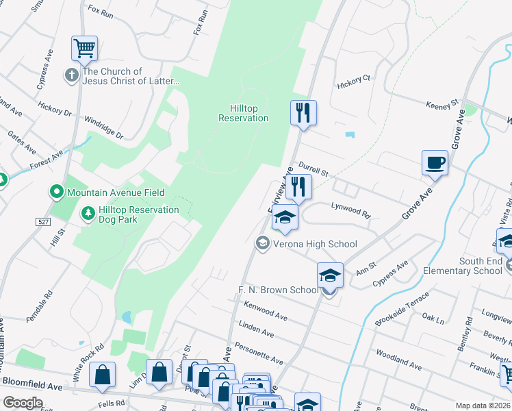 map of restaurants, bars, coffee shops, grocery stores, and more near 22 Cresthill Road in Verona