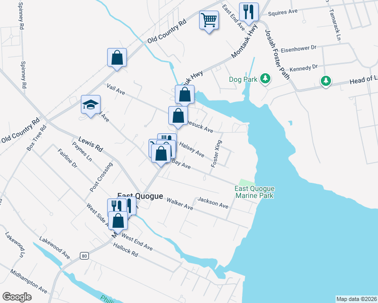 map of restaurants, bars, coffee shops, grocery stores, and more near 8 Halsey Avenue in East Quogue