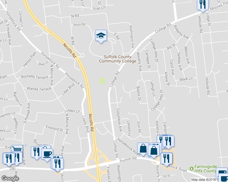 map of restaurants, bars, coffee shops, grocery stores, and more near 20 Columbus Avenue in Farmingville