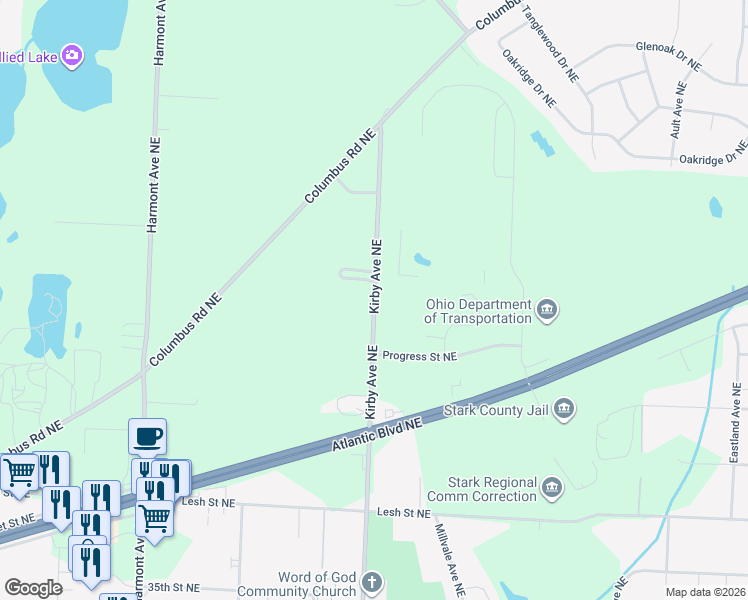 map of restaurants, bars, coffee shops, grocery stores, and more near 4656 Kirby Avenue Northeast in Canton