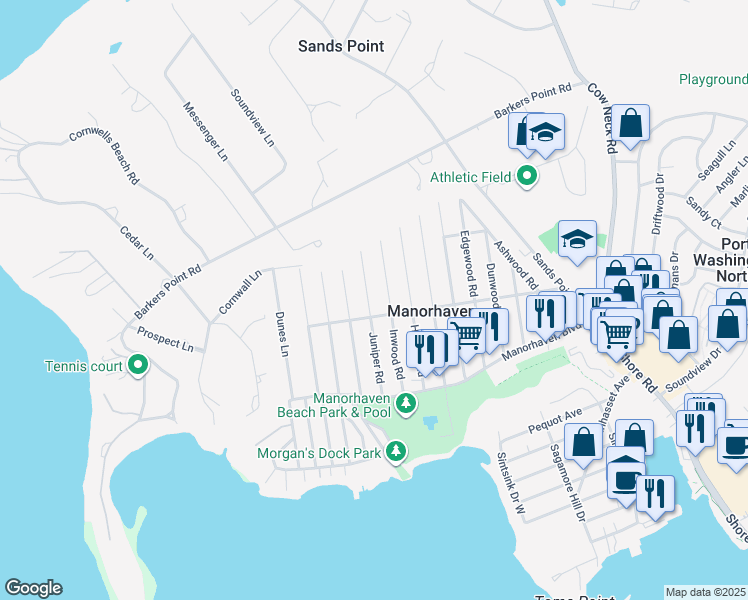 map of restaurants, bars, coffee shops, grocery stores, and more near 52 Juniper Road in Port Washington