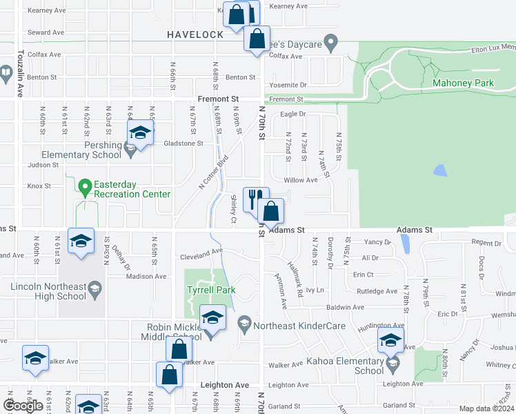 map of restaurants, bars, coffee shops, grocery stores, and more near 3111 North 70th Street in Lincoln