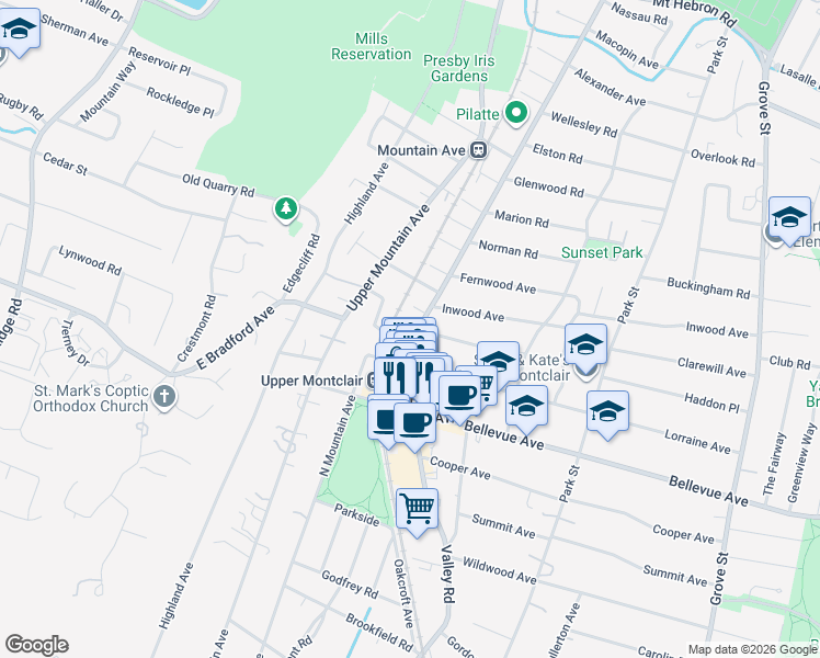 map of restaurants, bars, coffee shops, grocery stores, and more near 650 Valley Road in Montclair