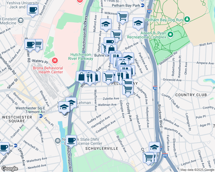map of restaurants, bars, coffee shops, grocery stores, and more near 1600 Edison Avenue in Bronx