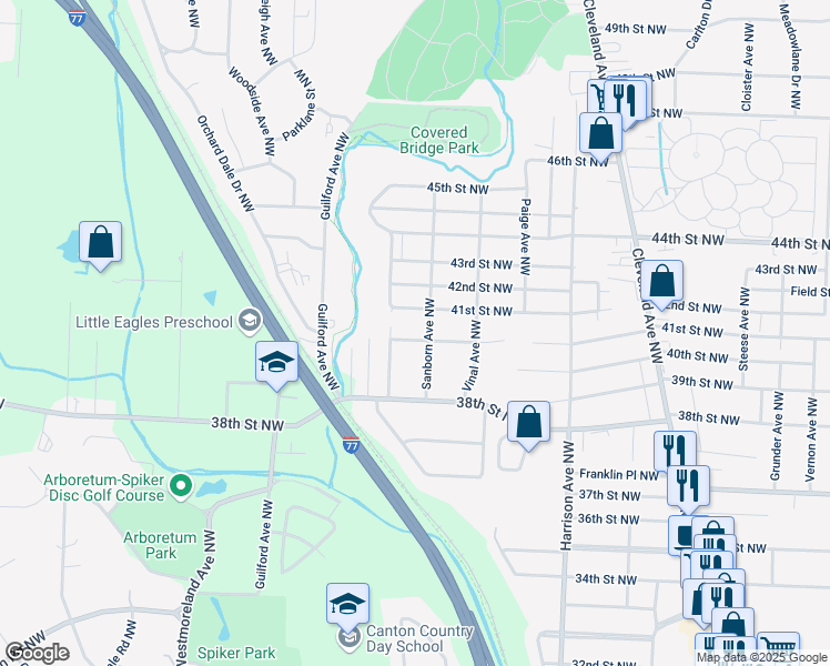 map of restaurants, bars, coffee shops, grocery stores, and more near 2511 Brookdale Street Northwest in Canton