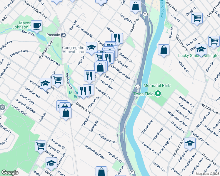 map of restaurants, bars, coffee shops, grocery stores, and more near 141 Park Avenue in Passaic