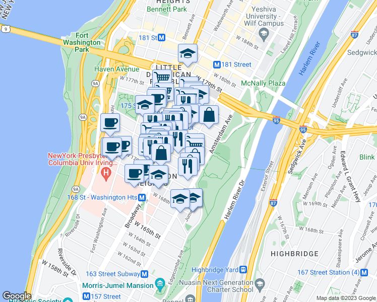 map of restaurants, bars, coffee shops, grocery stores, and more near Audubon Ave & W 173rd St in New York
