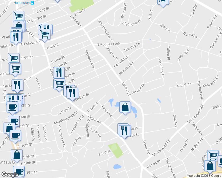 map of restaurants, bars, coffee shops, grocery stores, and more near 11 Marcher Ave in Huntington Station