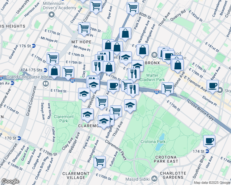 map of restaurants, bars, coffee shops, grocery stores, and more near 1745 Washington Avenue in The Bronx